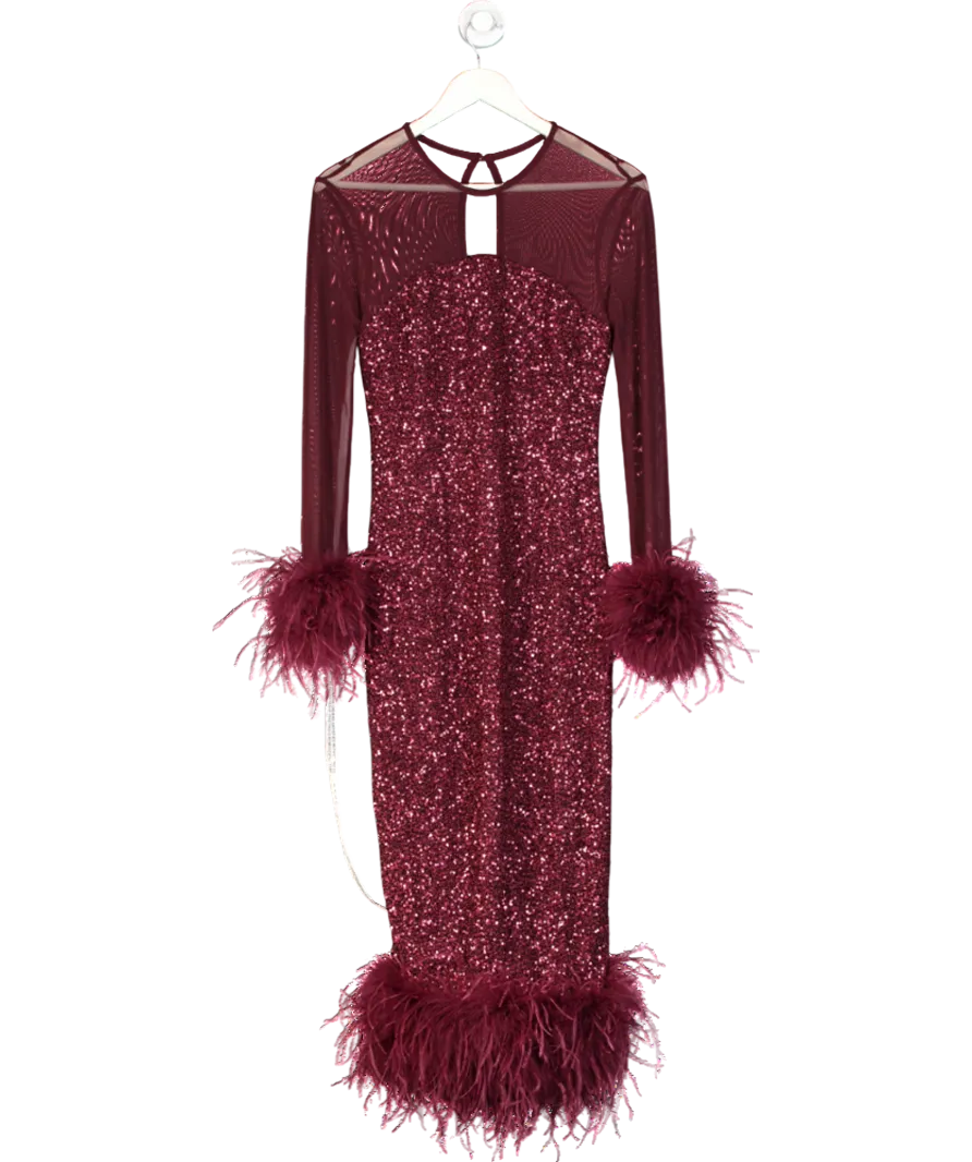 Club L Burgundy Afterglow Port Sequin Long-sleeve Midi Dress With Feather Trims UK 10