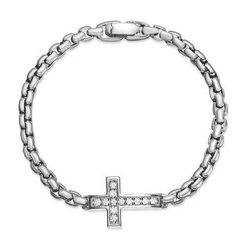 Cross Station Bracelet in Sterling Silver with Diamonds, 5mm, Size Medium
