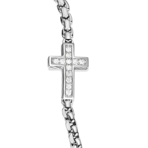 Cross Station Bracelet in Sterling Silver with Diamonds, 5mm, Size Medium