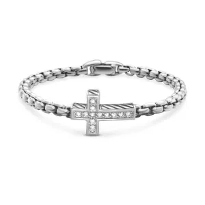 Cross Station Bracelet in Sterling Silver with Diamonds, 5mm, Size Medium