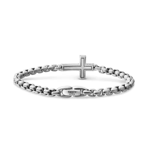 Cross Station Bracelet in Sterling Silver with Diamonds, 5mm, Size Medium