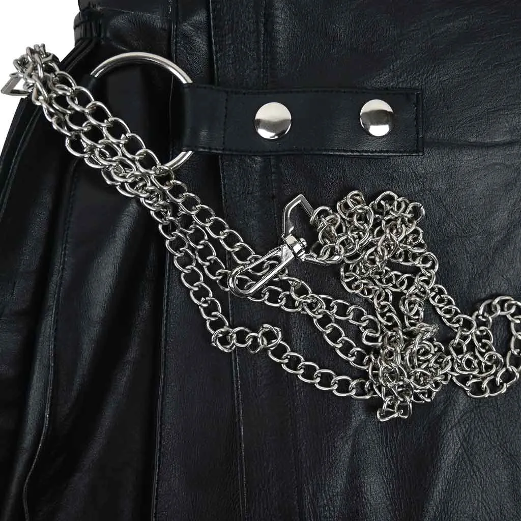 Customized  Black Leather Kilt with Silver Chain