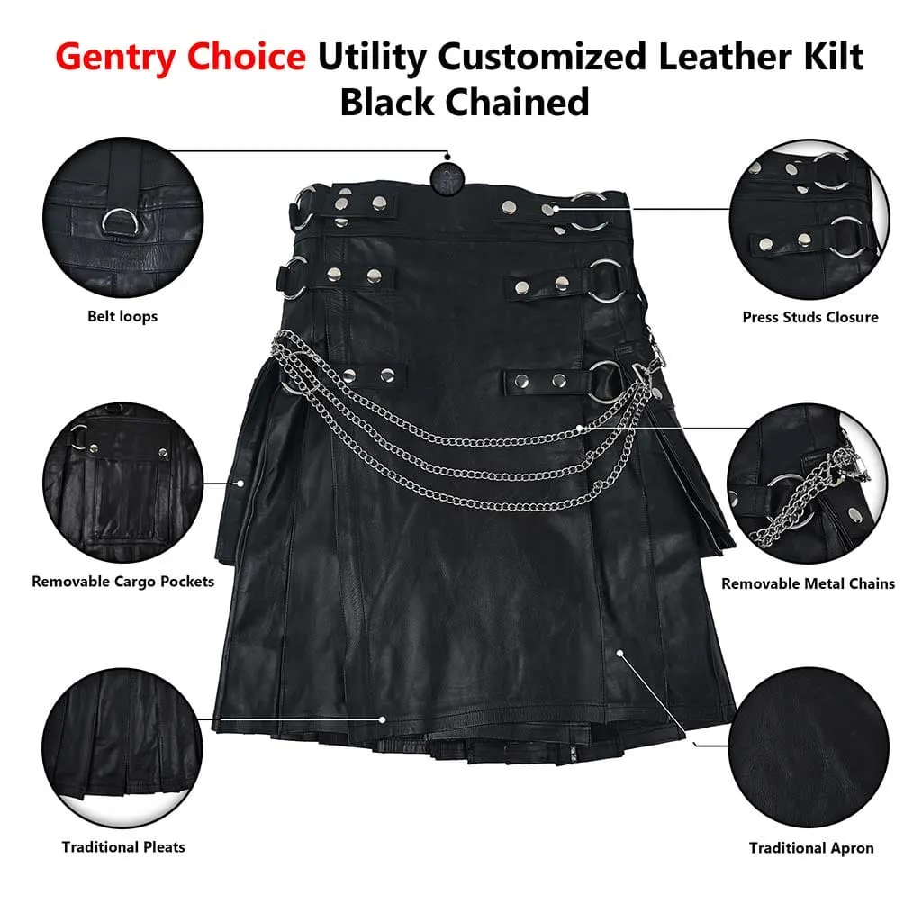 Customized  Black Leather Kilt with Silver Chain