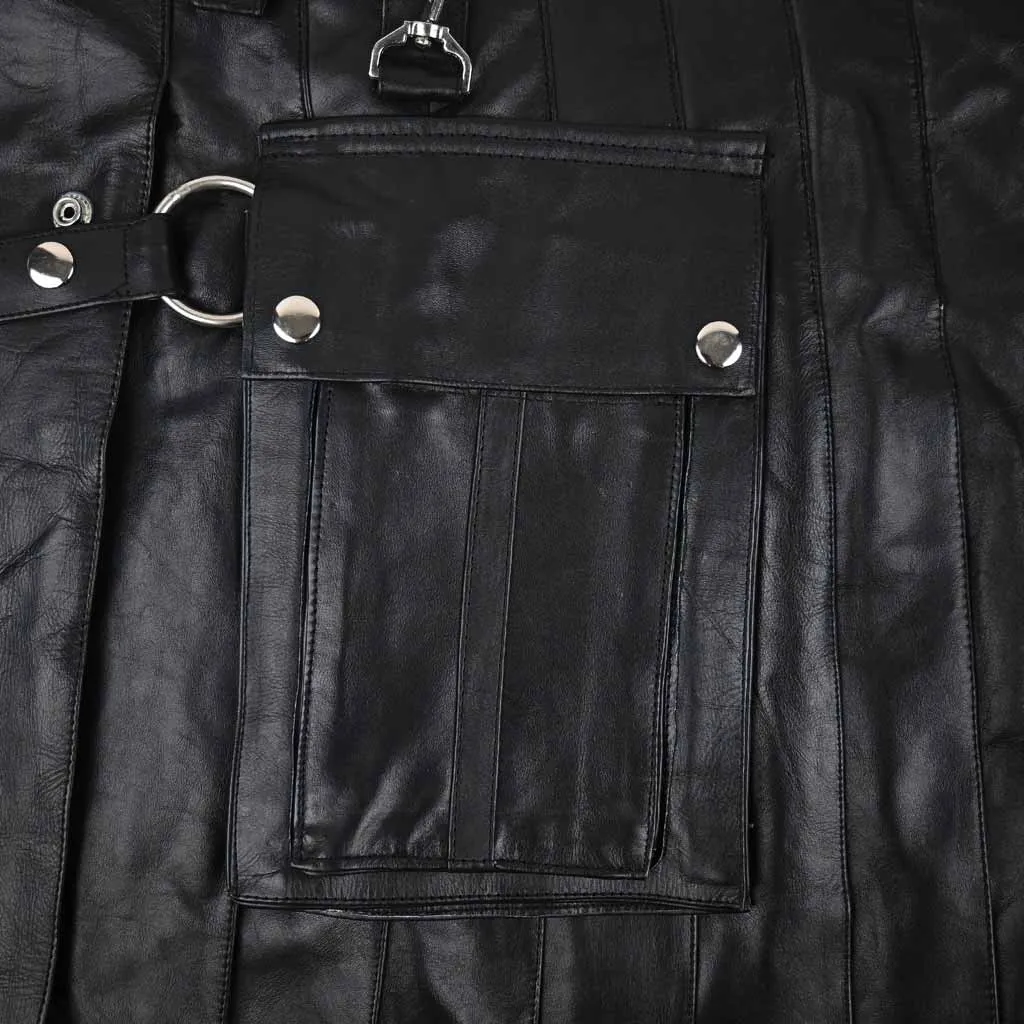 Customized  Black Leather Kilt with Silver Chain