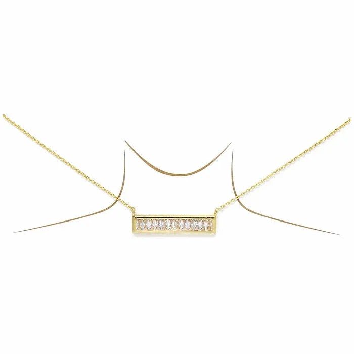 CZ Emerald Cut Stone Pave Bar Gold Dipped Short Chain Necklace