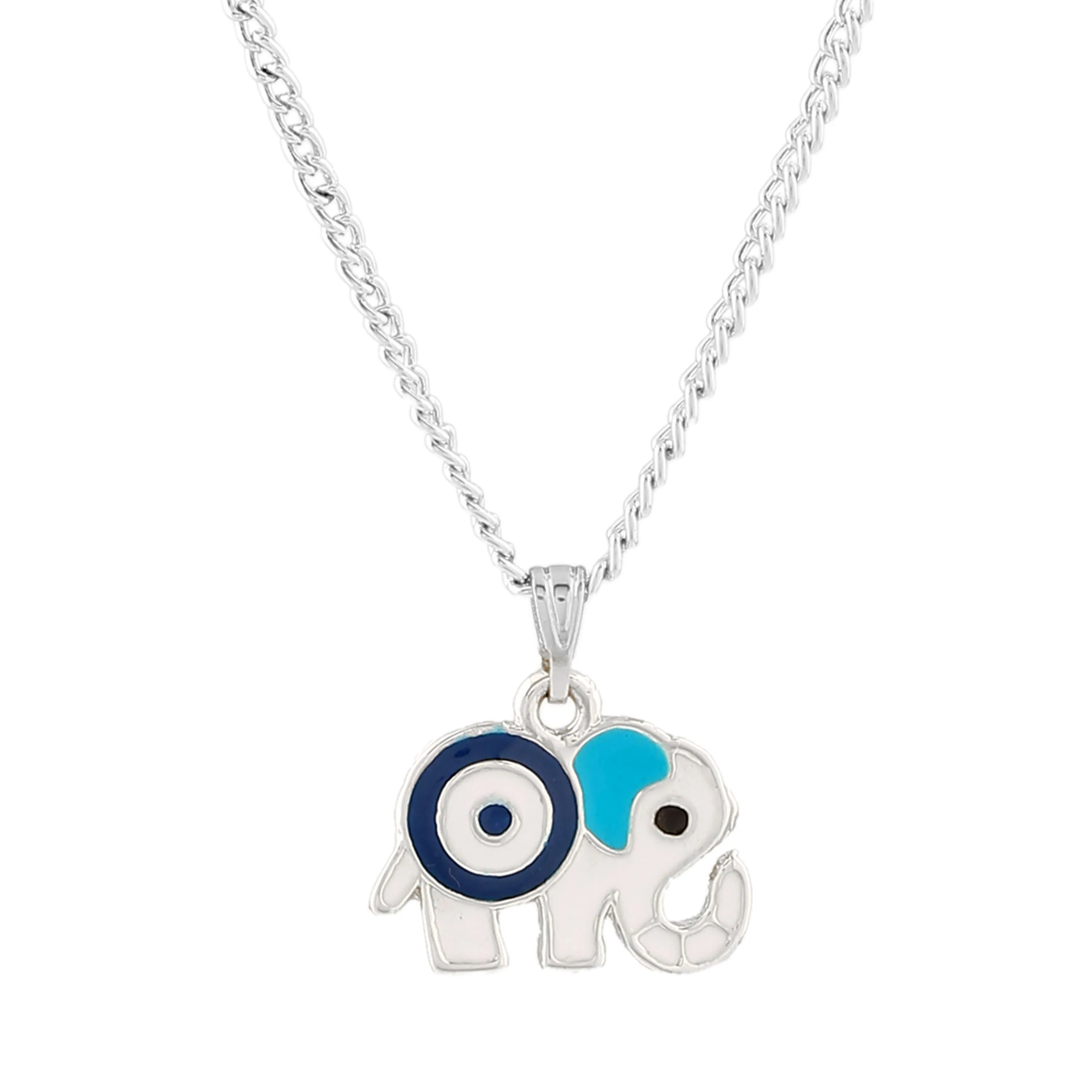 Estele Rhodium Plated Trendy Elephant Designer Evil Eye Charm Pendant with Navy Blue & White Enamel for Girls/Women