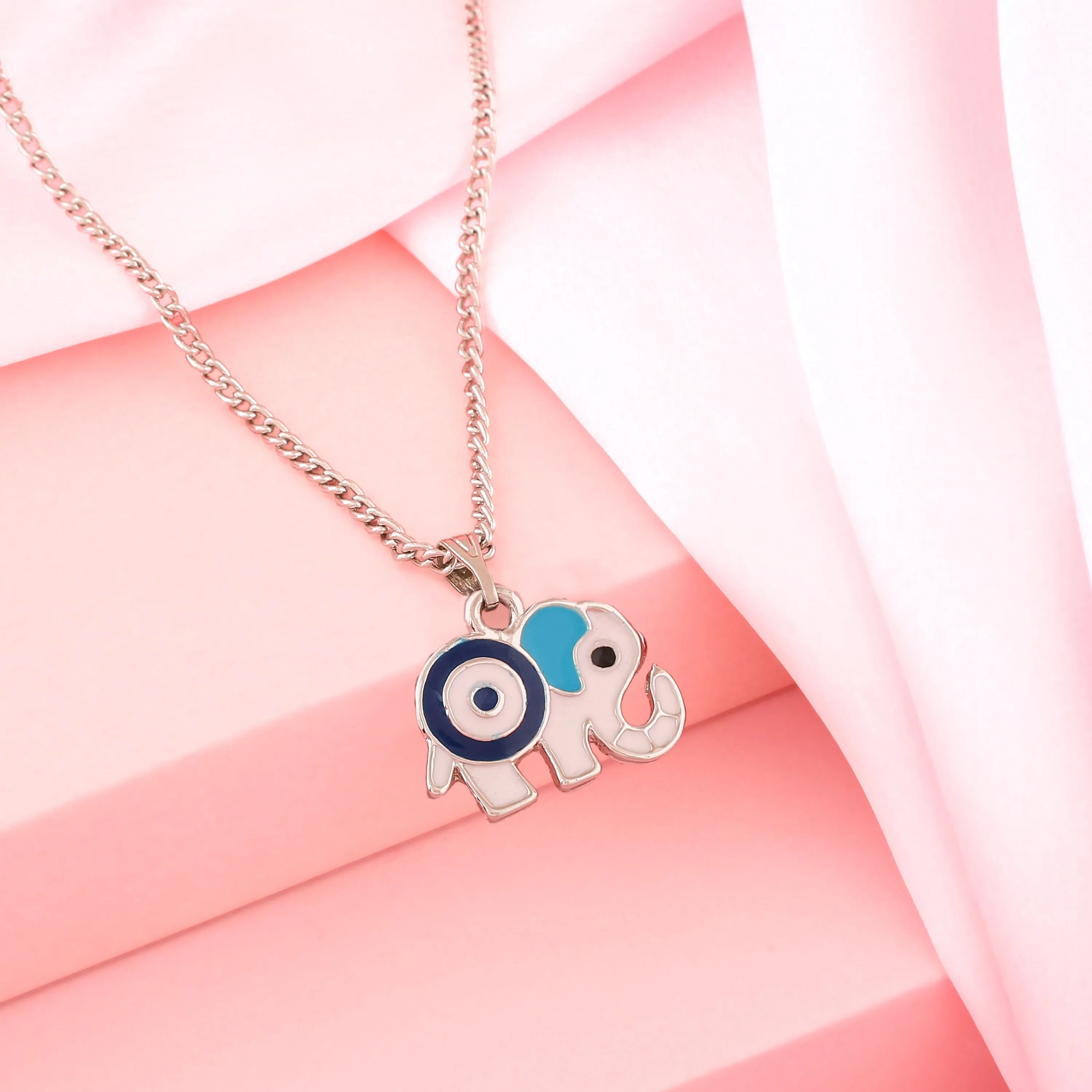 Estele Rhodium Plated Trendy Elephant Designer Evil Eye Charm Pendant with Navy Blue & White Enamel for Girls/Women