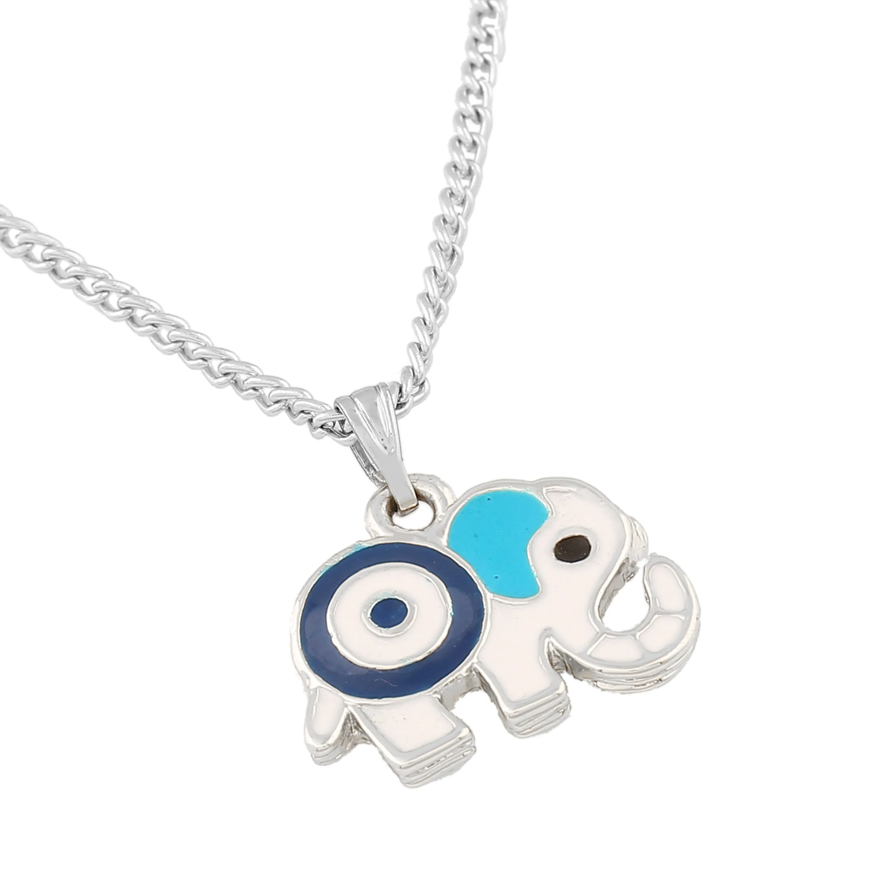 Estele Rhodium Plated Trendy Elephant Designer Evil Eye Charm Pendant with Navy Blue & White Enamel for Girls/Women