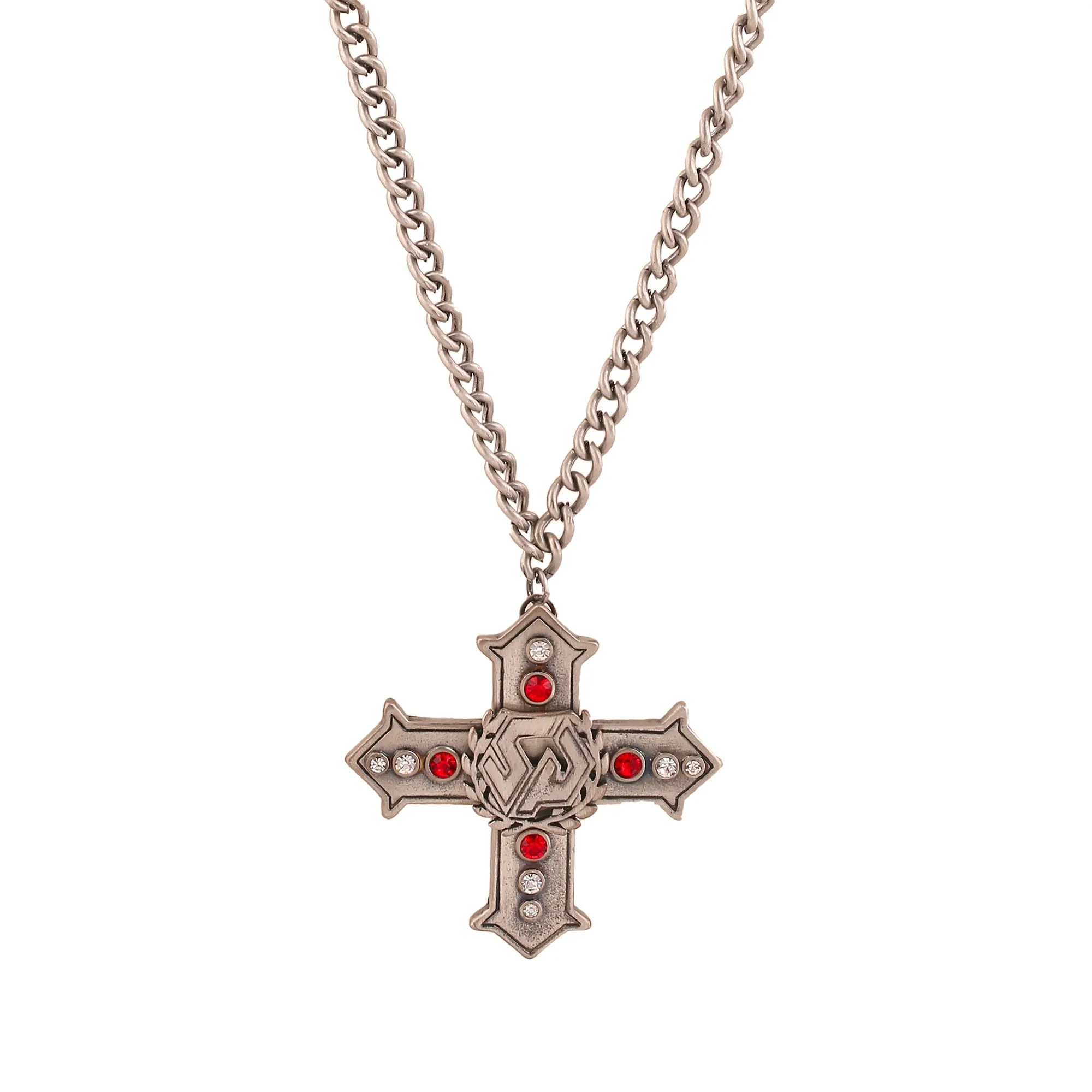 Estele Tin Oxidised Plated Charming Cross Designer Pendant Necklace with Red & White Stone for Women