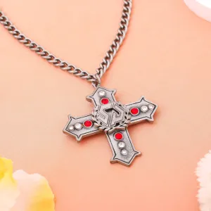 Estele Tin Oxidised Plated Charming Cross Designer Pendant Necklace with Red & White Stone for Women