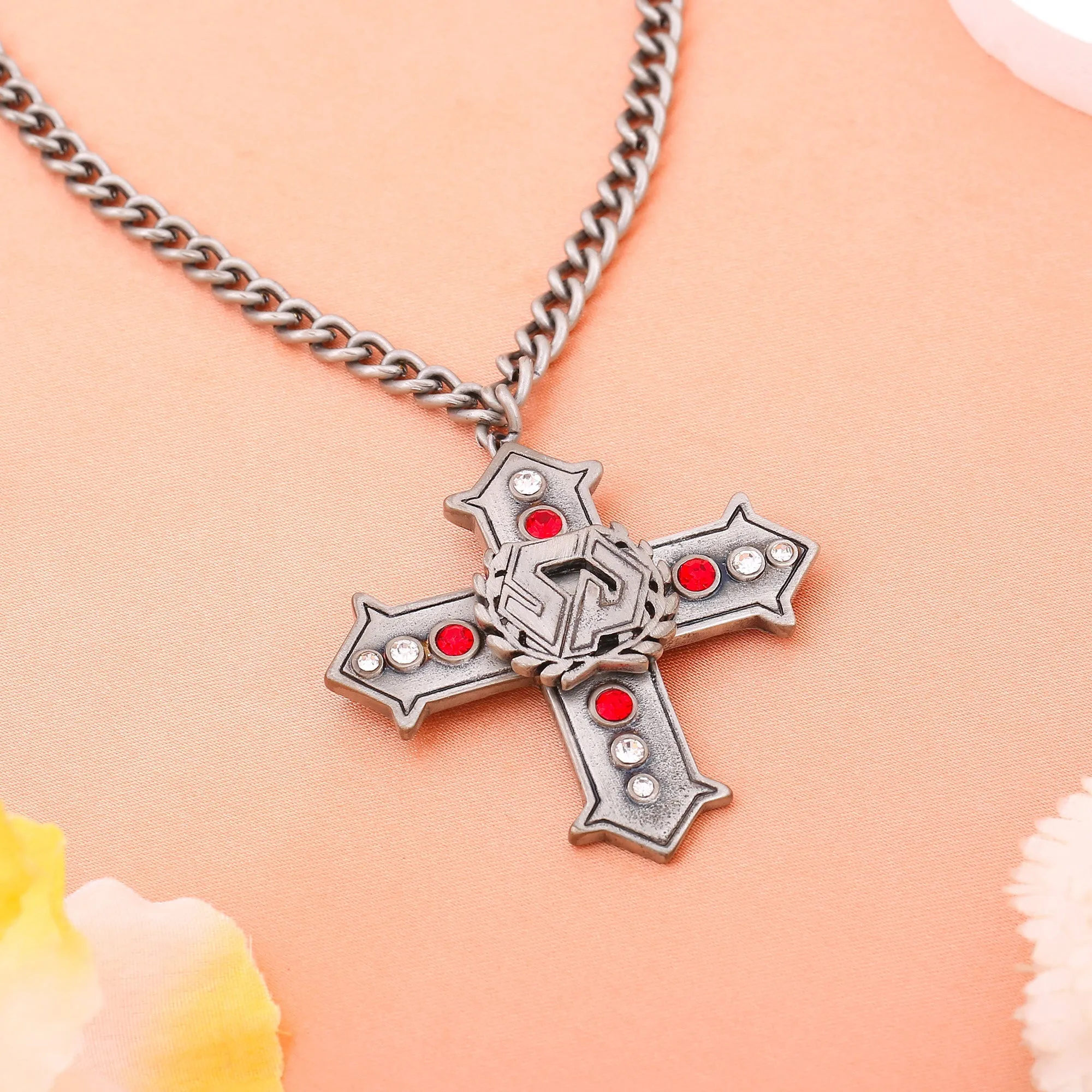 Estele Tin Oxidised Plated Charming Cross Designer Pendant Necklace with Red & White Stone for Women