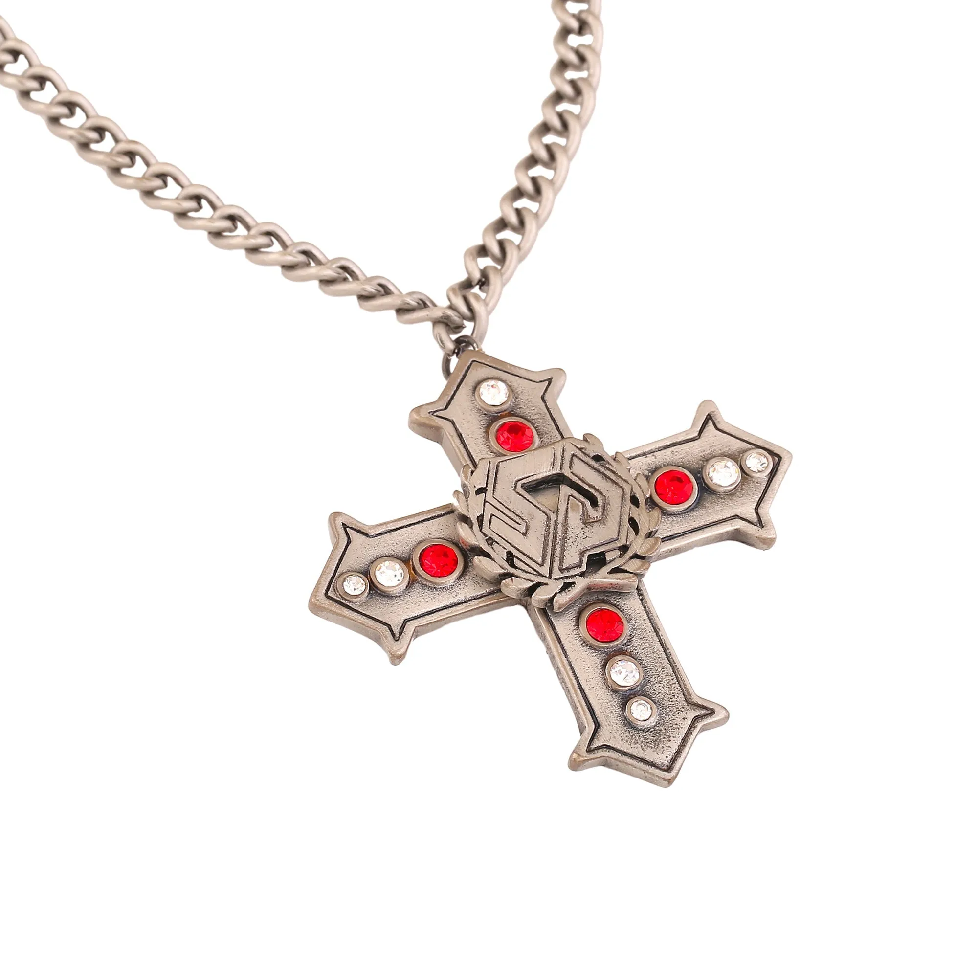 Estele Tin Oxidised Plated Charming Cross Designer Pendant Necklace with Red & White Stone for Women
