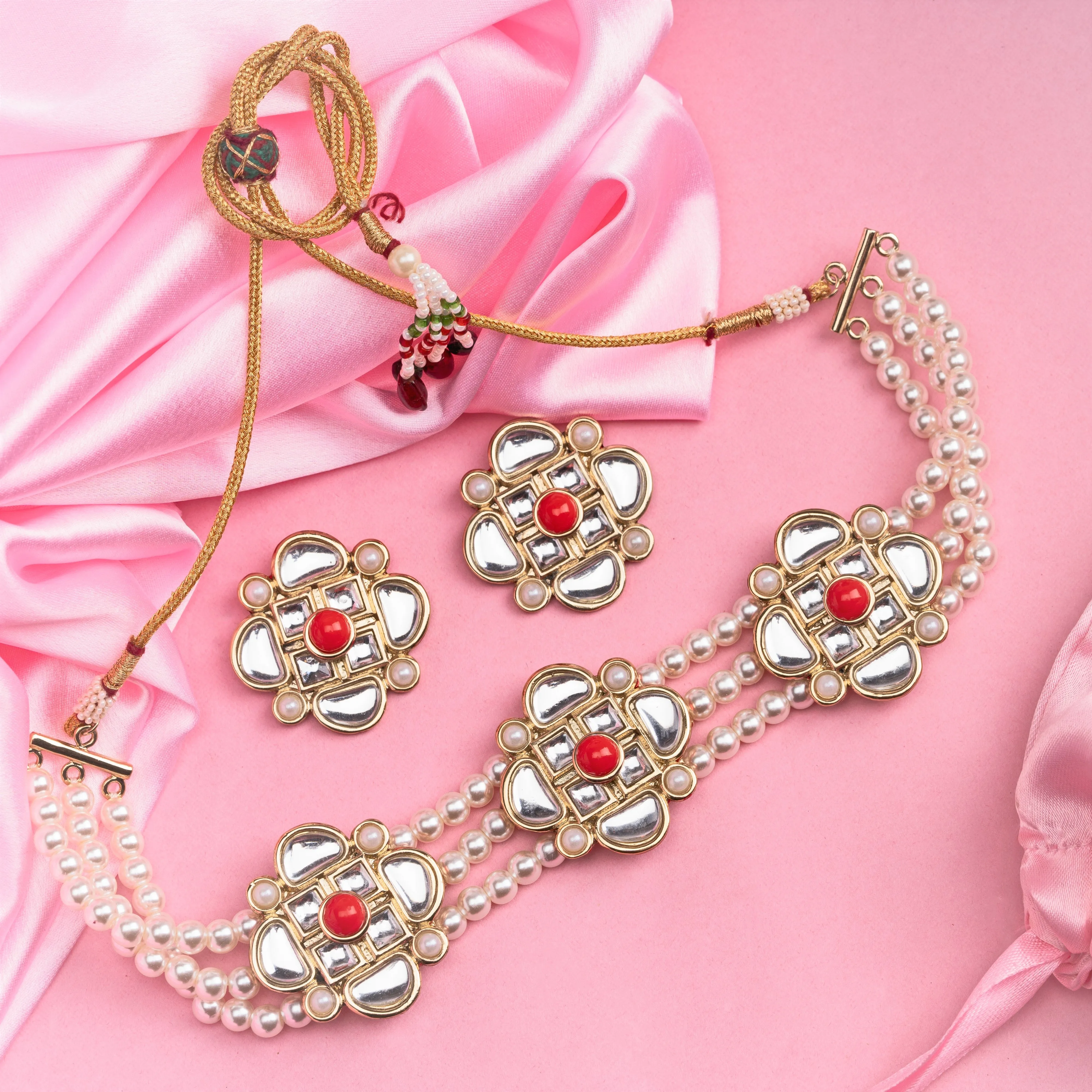 Estele Traditional Chokar Jewelry with Pearls Combination Necklace Set for Women and Girls