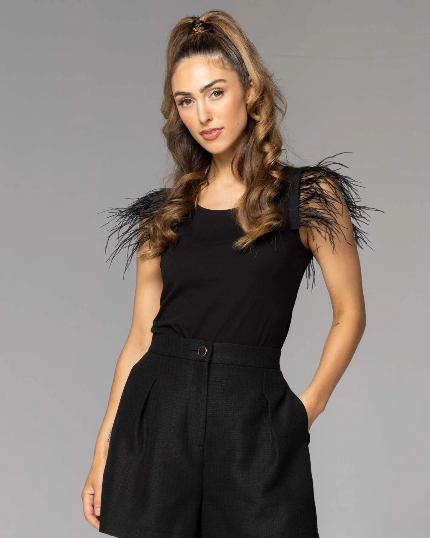 Feather Detail Top Black