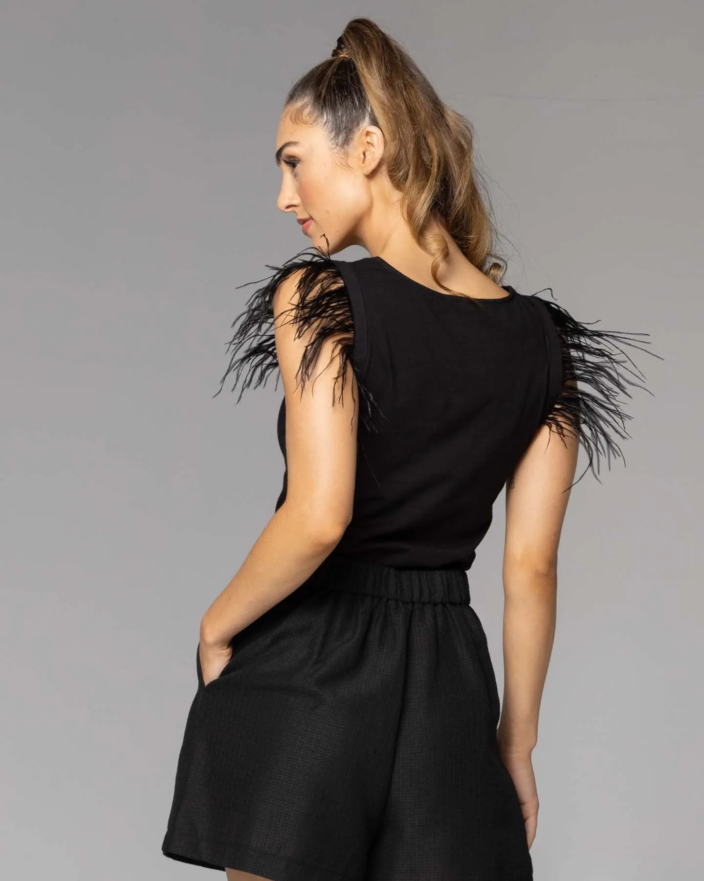 Feather Detail Top Black