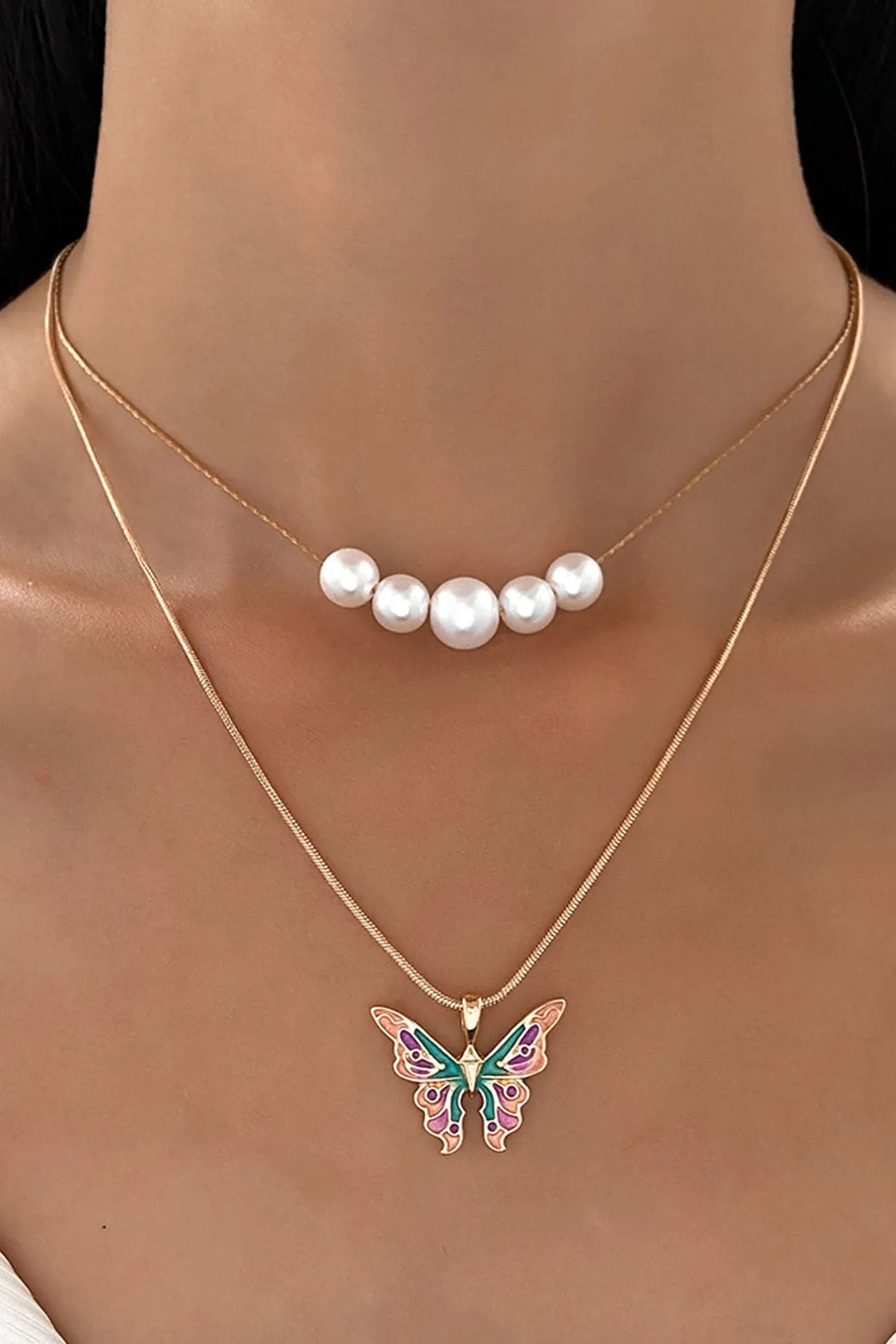 Flytonn-Valentine's Day gift Pearl Butterfly Double Layer Necklace