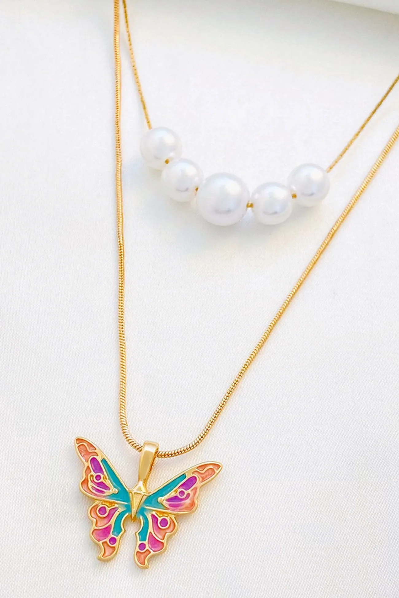 Flytonn-Valentine's Day gift Pearl Butterfly Double Layer Necklace