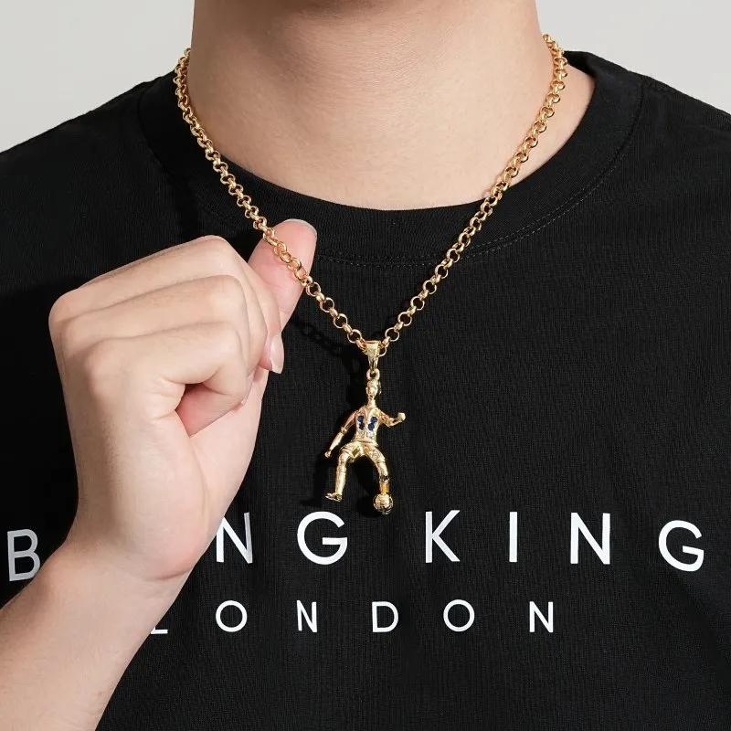 Gold Footballer Pendant Necklace 22 Inch 4mm Belcher Chain