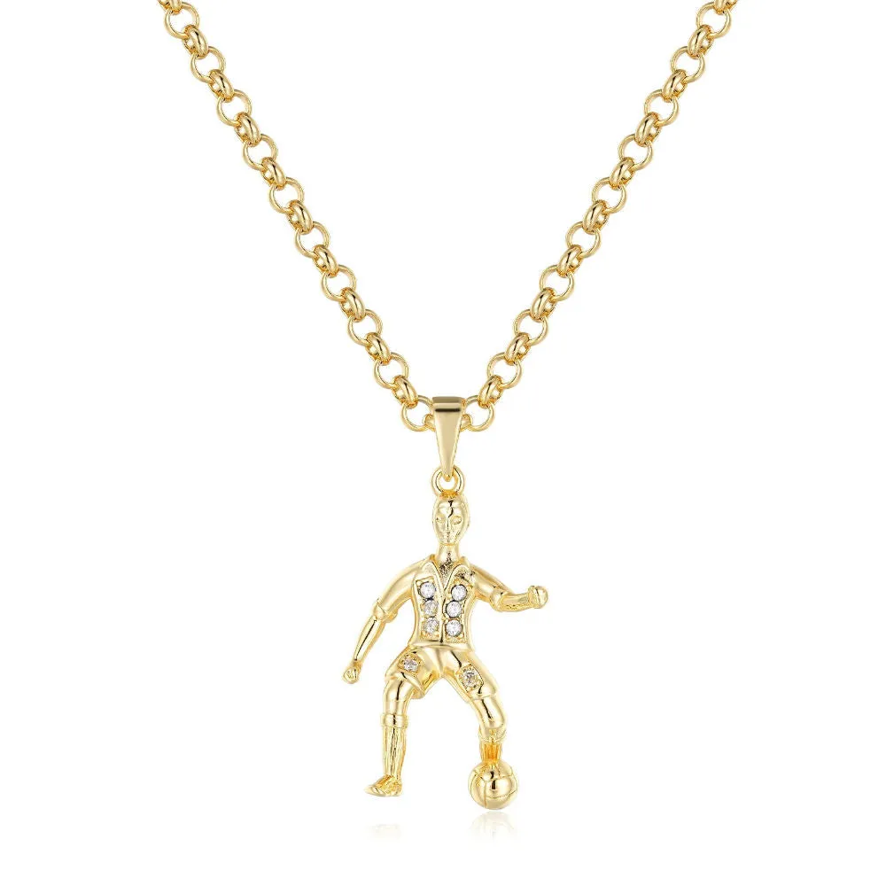 Gold Footballer Pendant Necklace 22 Inch 4mm Belcher Chain