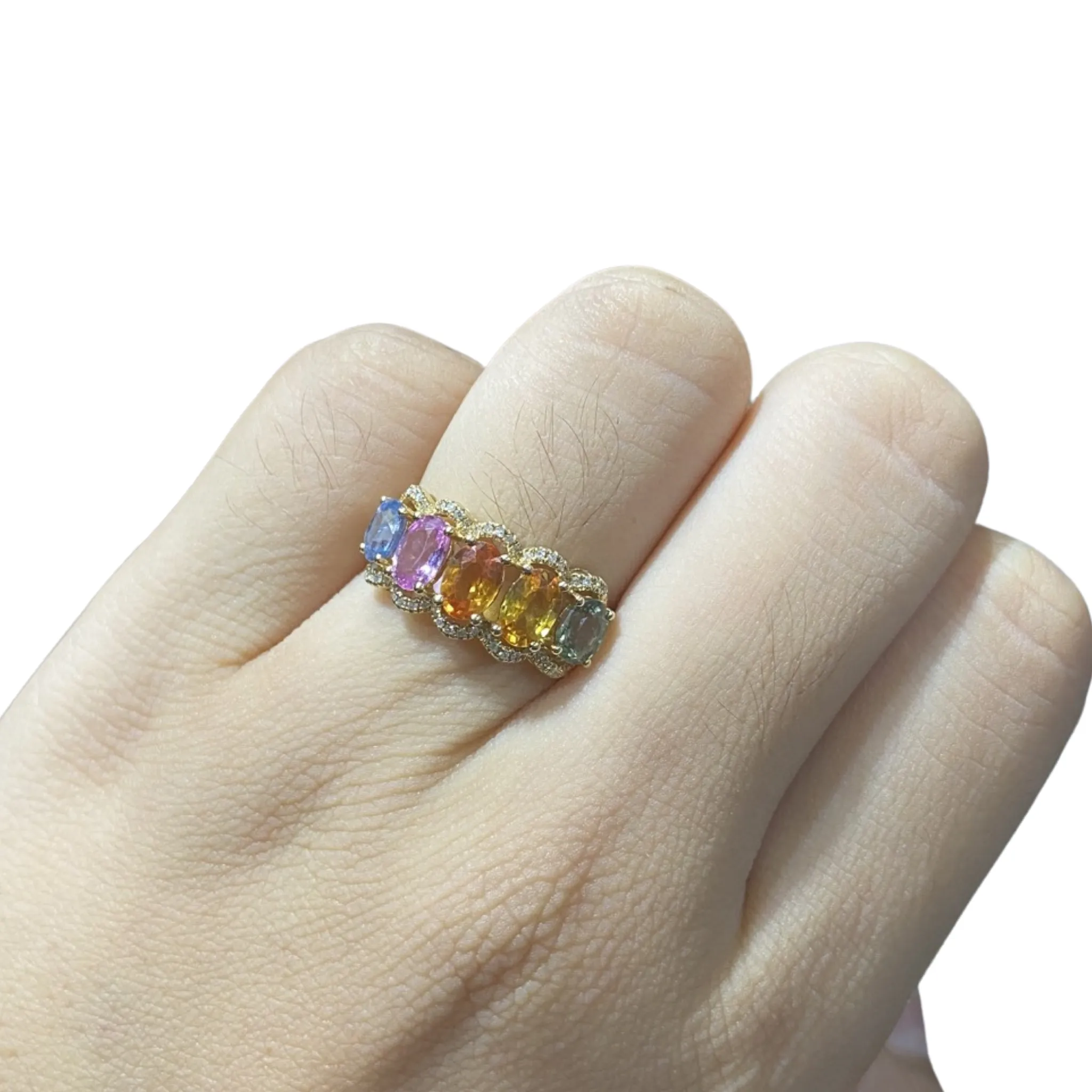 Golden Oval Rainbow Sapphire Gemstones & Diamond Ring 14kt