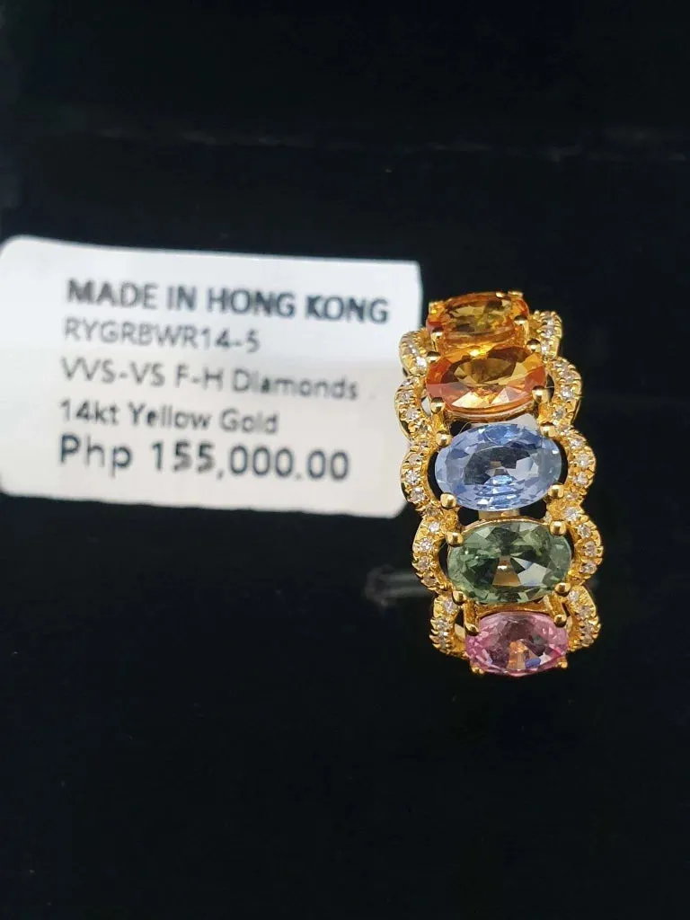 Golden Oval Rainbow Sapphire Gemstones & Diamond Ring 14kt