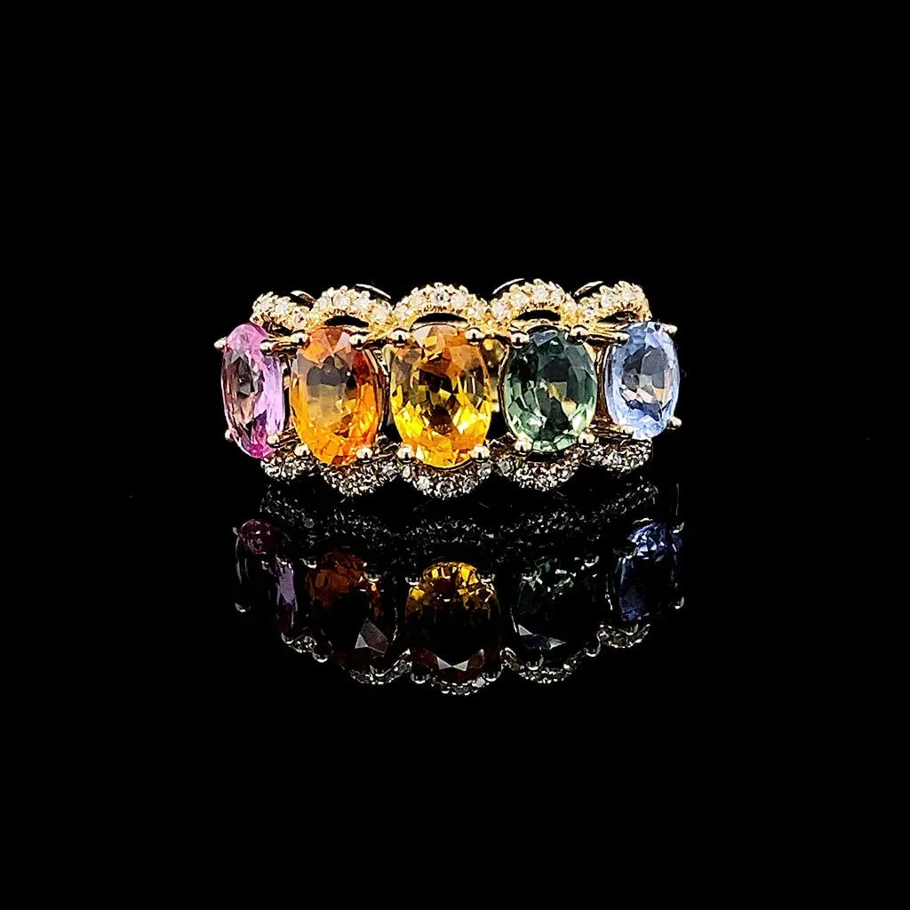 Golden Oval Rainbow Sapphire Gemstones & Diamond Ring 14kt