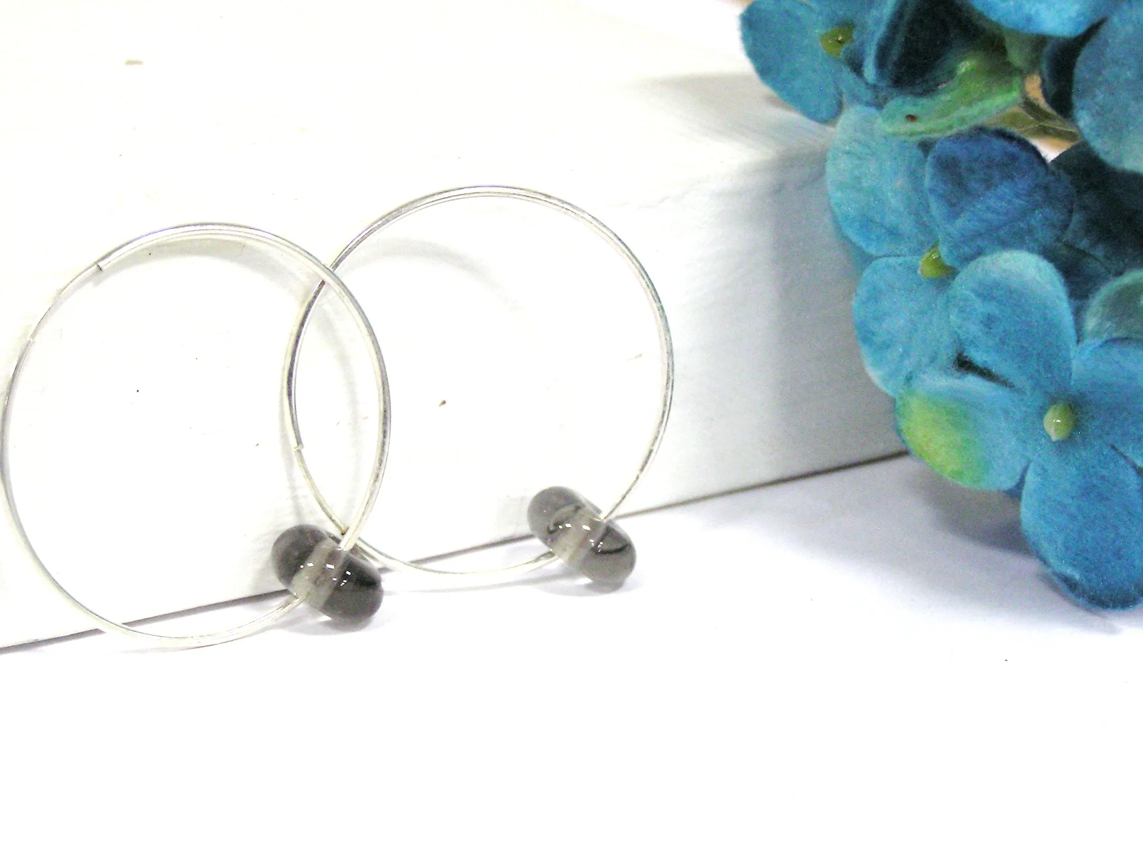 Gray Beaded Sterling Silver Hoop Earrings