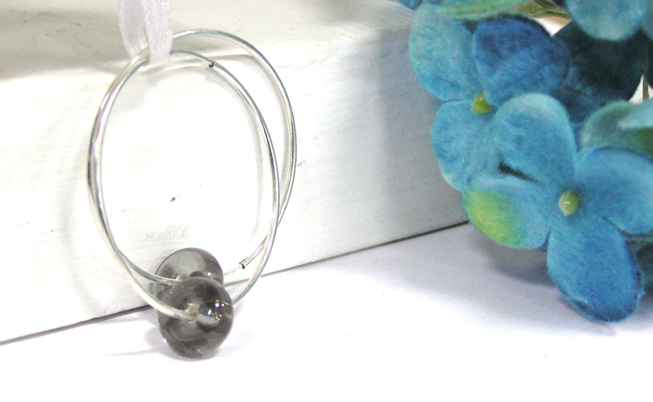 Gray Beaded Sterling Silver Hoop Earrings