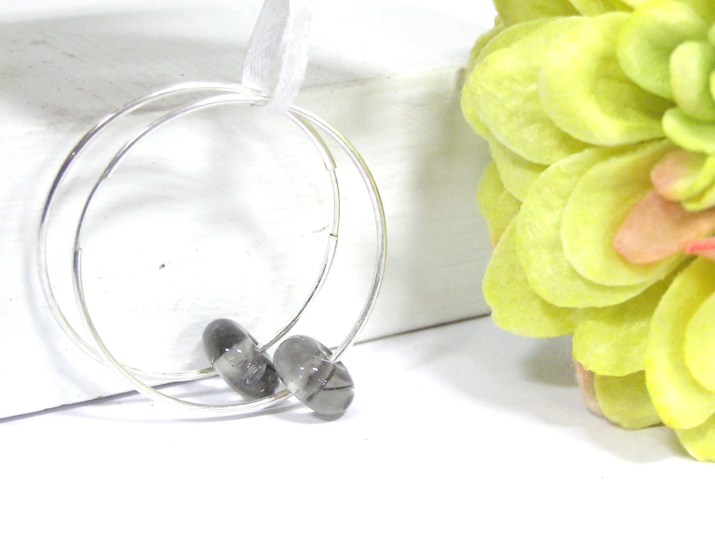 Gray Beaded Sterling Silver Hoop Earrings