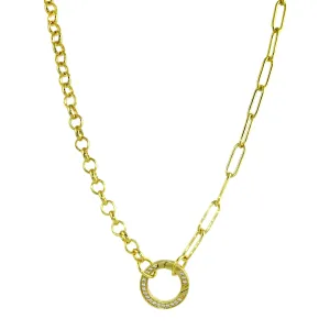 Half Paperclip Half Round Link Pave Push Clasp Chain Necklace