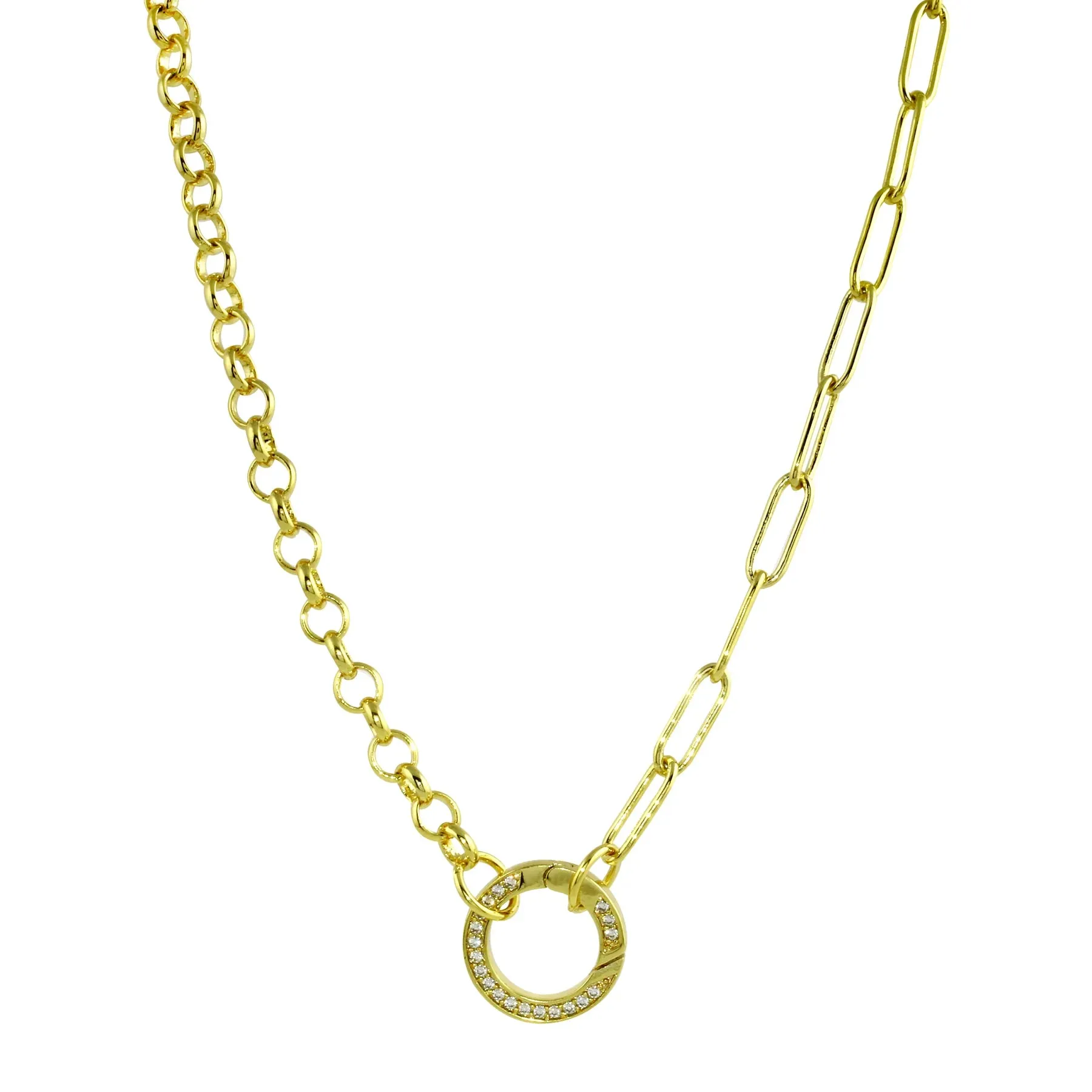 Half Paperclip Half Round Link Pave Push Clasp Chain Necklace