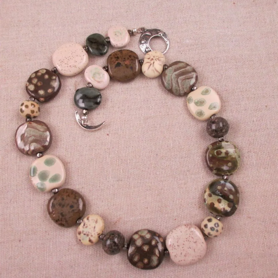 Kazuri Necklace Handmade Brown, Cream & Green Kazuri Beads