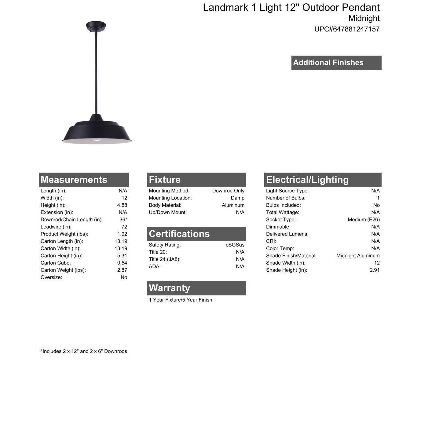 Landmark 1 Light 12" Outdoor Pendant in Midnight