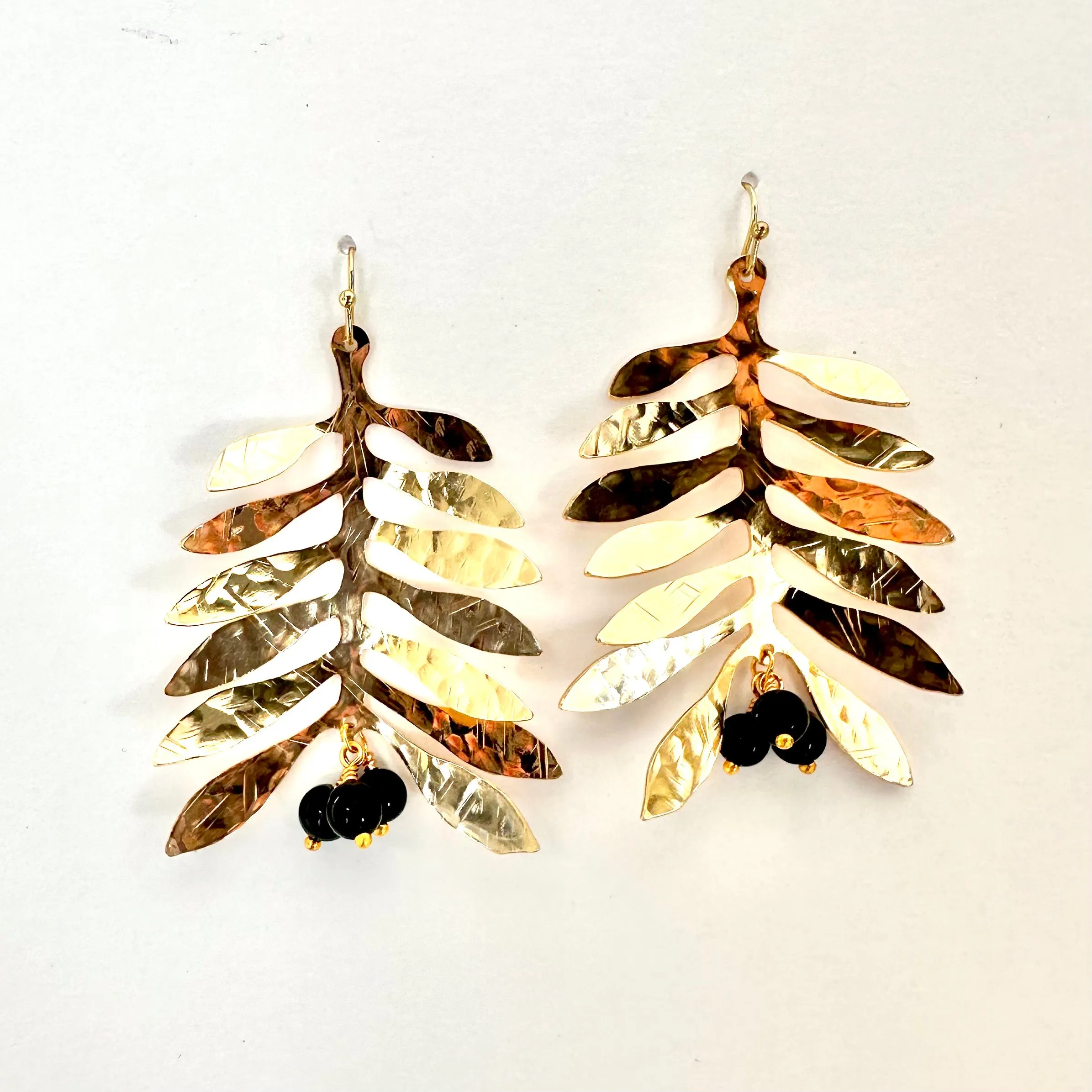 Large modern hand hammered olive leaf earring with beads