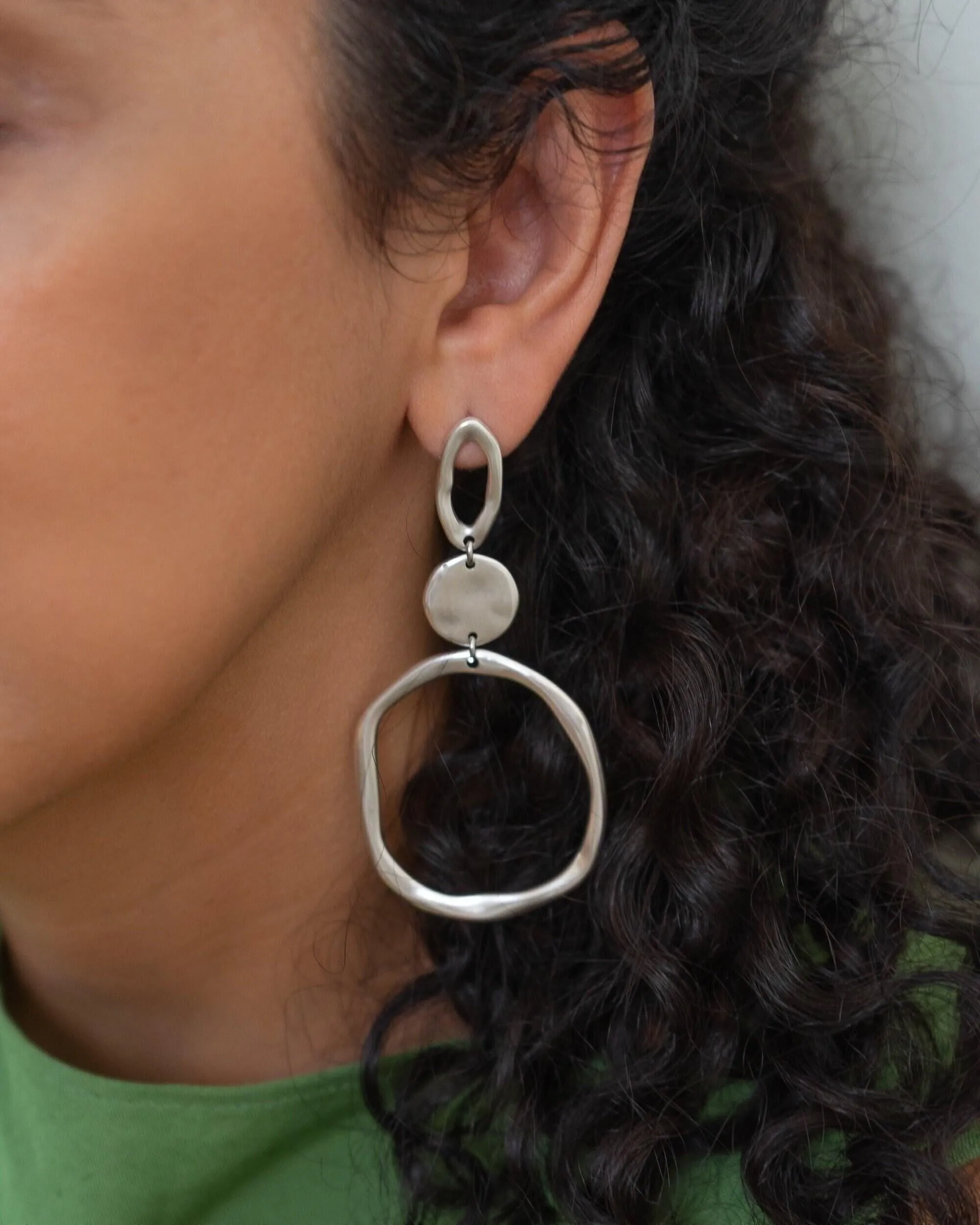 Large Silver Geometric Circle Dangle Earrings