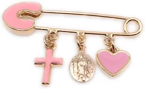 LESLIE BOULES Baby Brooch Safety Pin Guadalupe Gold Medal Protection Jewelry It's a Girl
