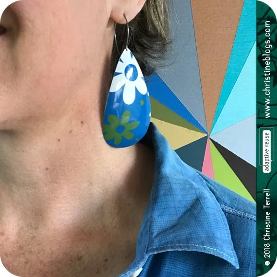 Mid Century Modern Green & White Flowers Tin Teardrop Earrings