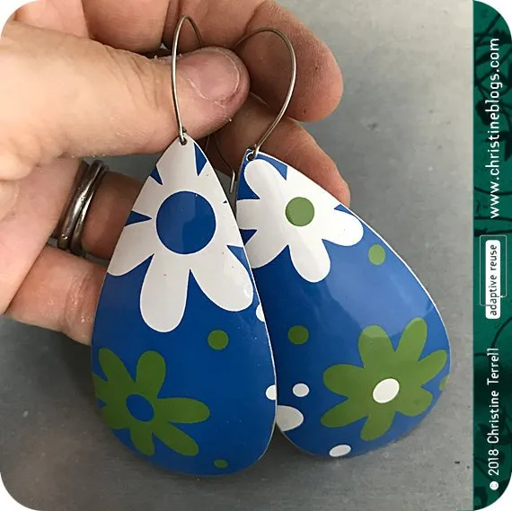 Mid Century Modern Green & White Flowers Tin Teardrop Earrings