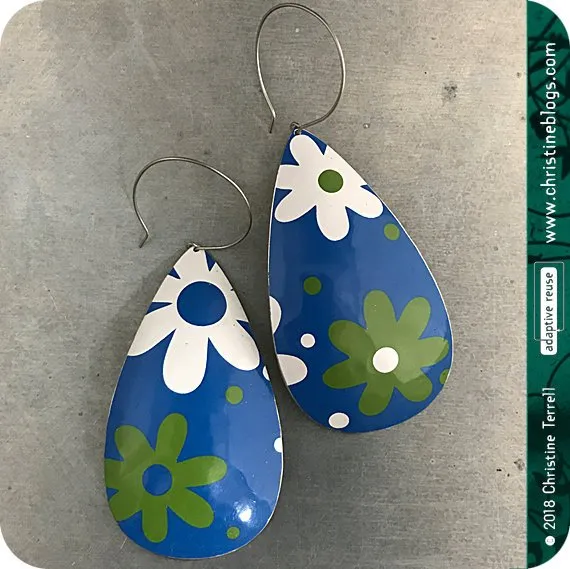 Mid Century Modern Green & White Flowers Tin Teardrop Earrings