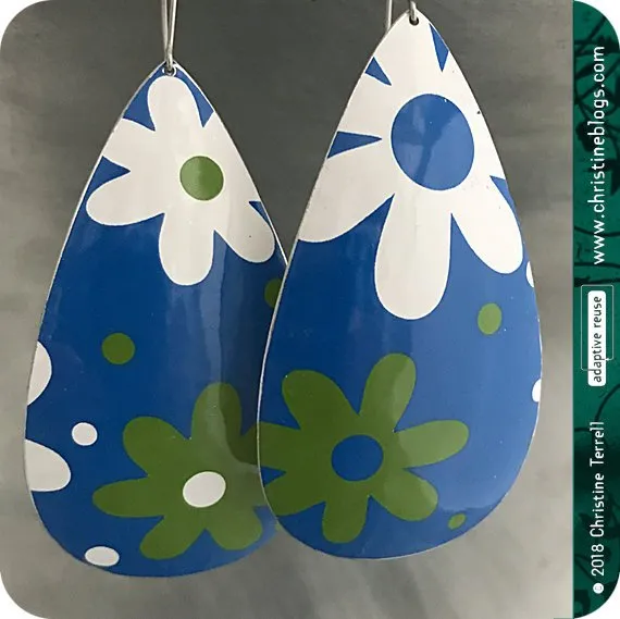 Mid Century Modern Green & White Flowers Tin Teardrop Earrings