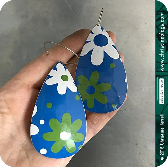 Mid Century Modern Green & White Flowers Tin Teardrop Earrings