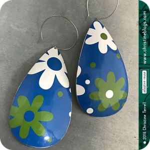 Mid Century Modern Green & White Flowers Tin Teardrop Earrings