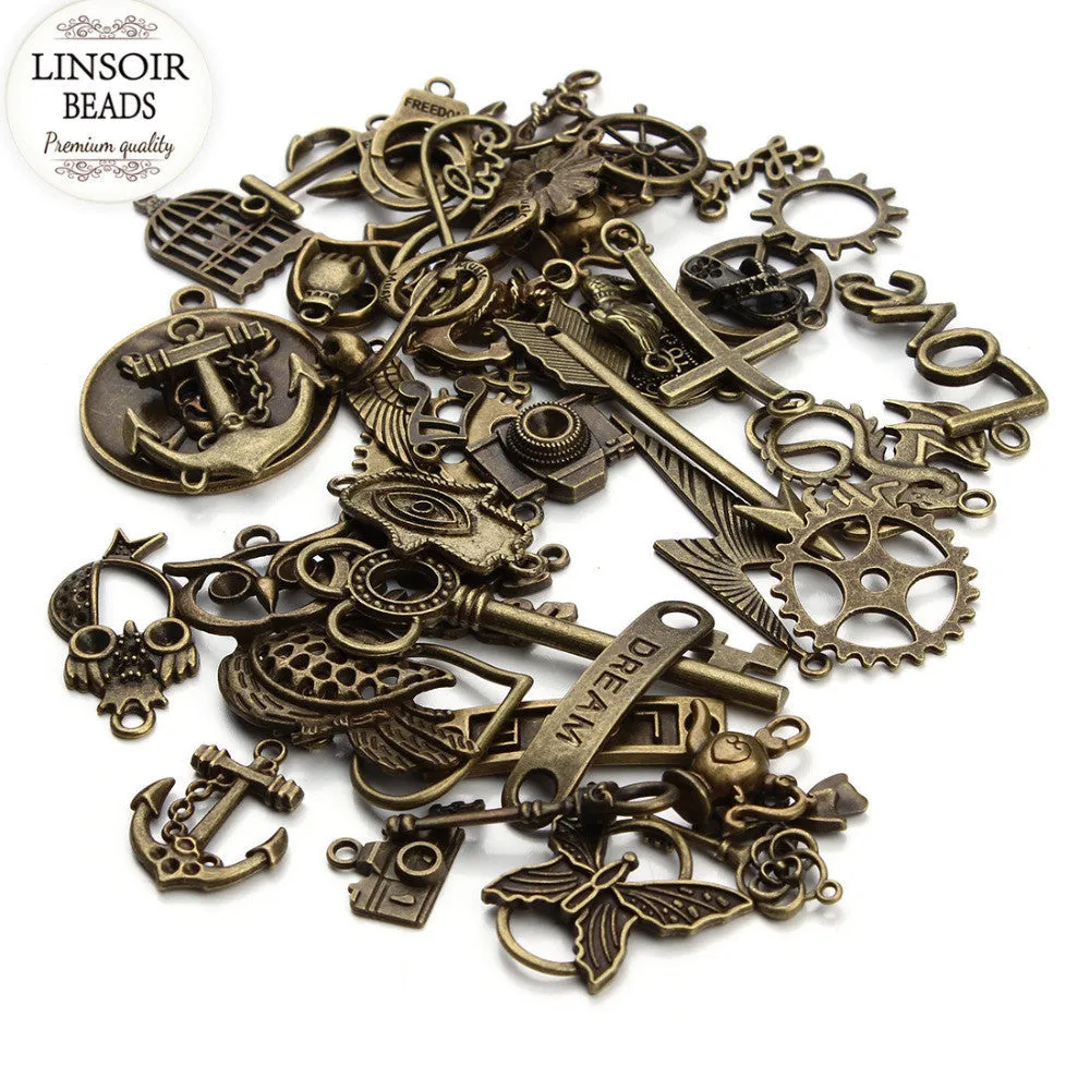 Mixed 50pcs/Lot Assorted Carved Beads Metal Alloy Pendant Plated Antique Bronze Charms Pendants