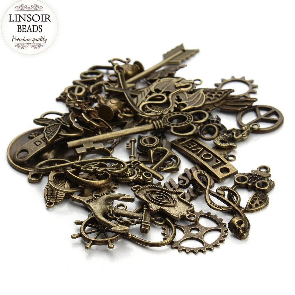 Mixed 50pcs/Lot Assorted Carved Beads Metal Alloy Pendant Plated Antique Bronze Charms Pendants