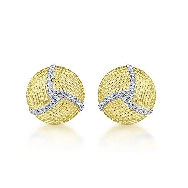 Pave Diamond Roped Disc Stud Earrings 14K Yellow Gold