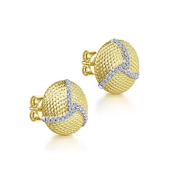 Pave Diamond Roped Disc Stud Earrings 14K Yellow Gold