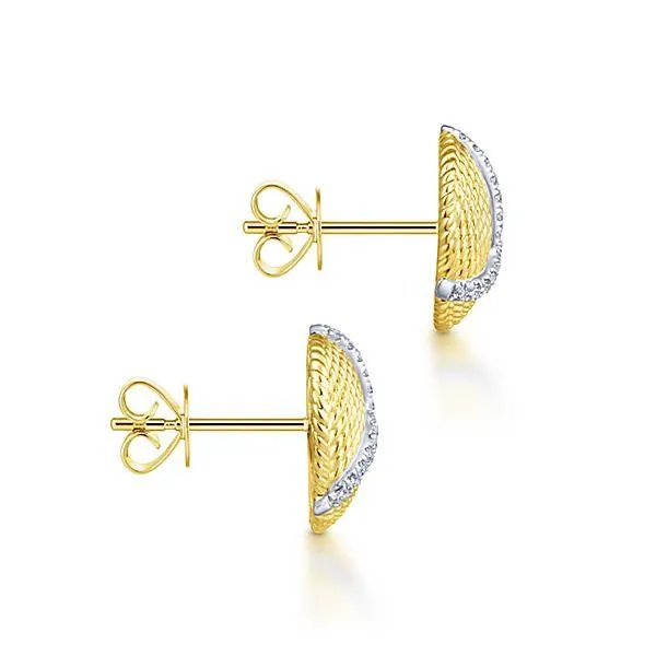 Pave Diamond Roped Disc Stud Earrings 14K Yellow Gold