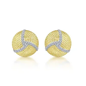 Pave Diamond Roped Disc Stud Earrings 14K Yellow Gold