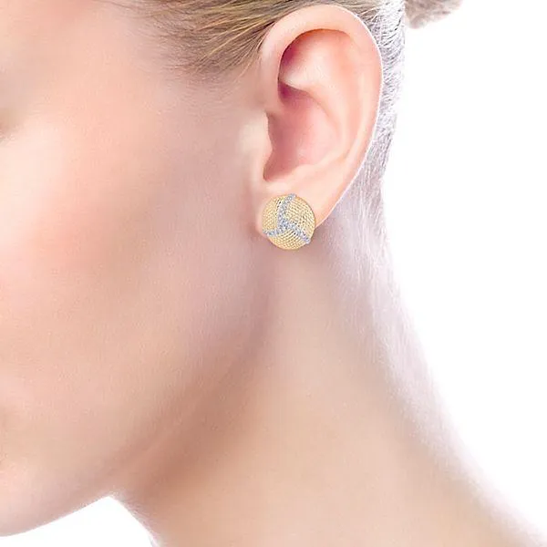 Pave Diamond Roped Disc Stud Earrings 14K Yellow Gold