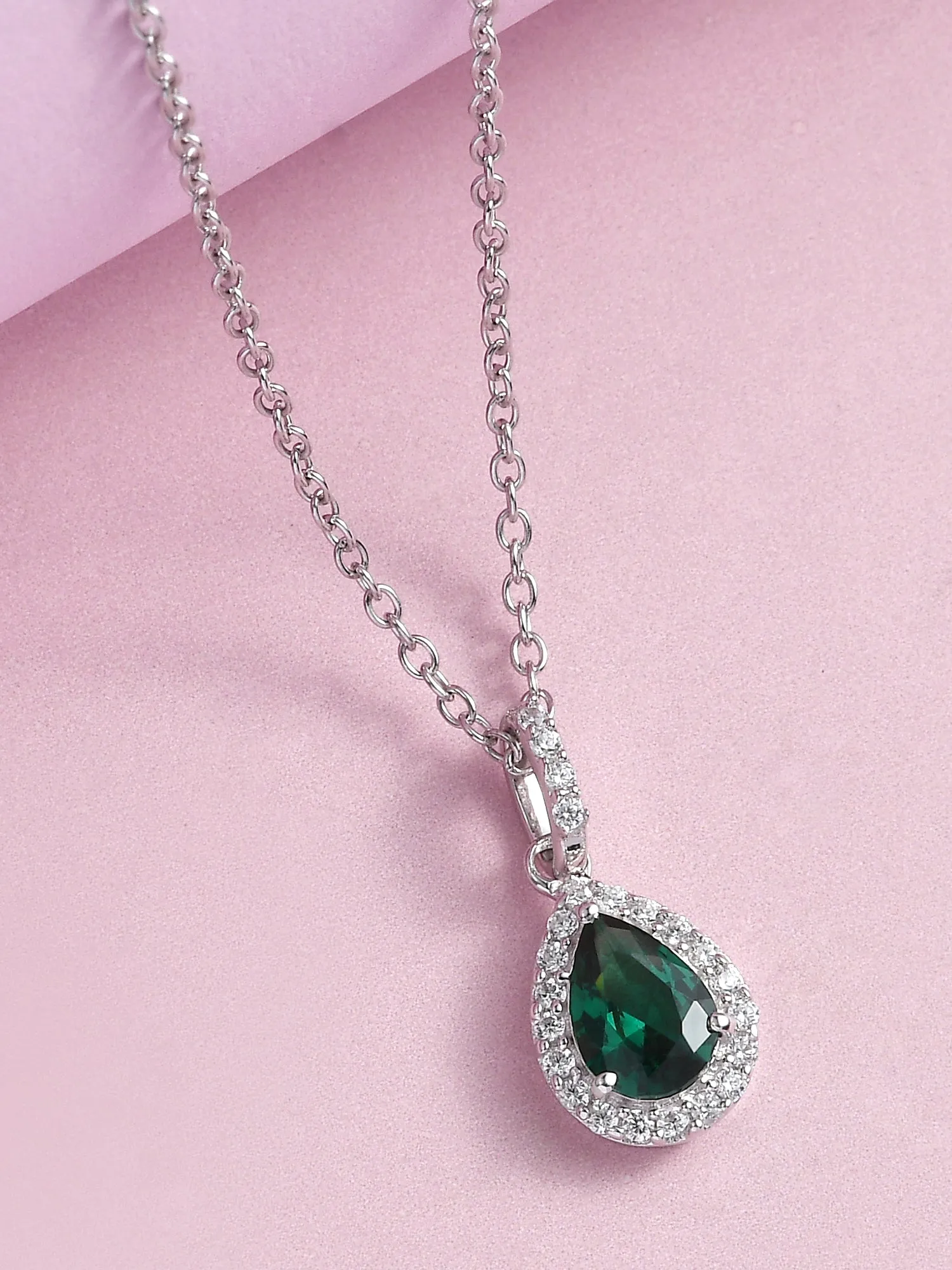 Pear Shape Emerald Halo Pendant With Silver Chain